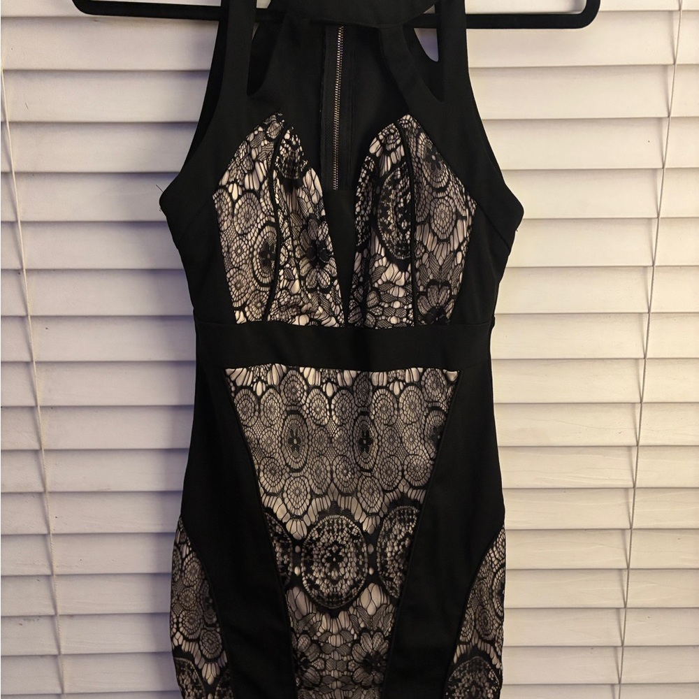 Black and Tan Sleeveless Halter Bodycon Dress